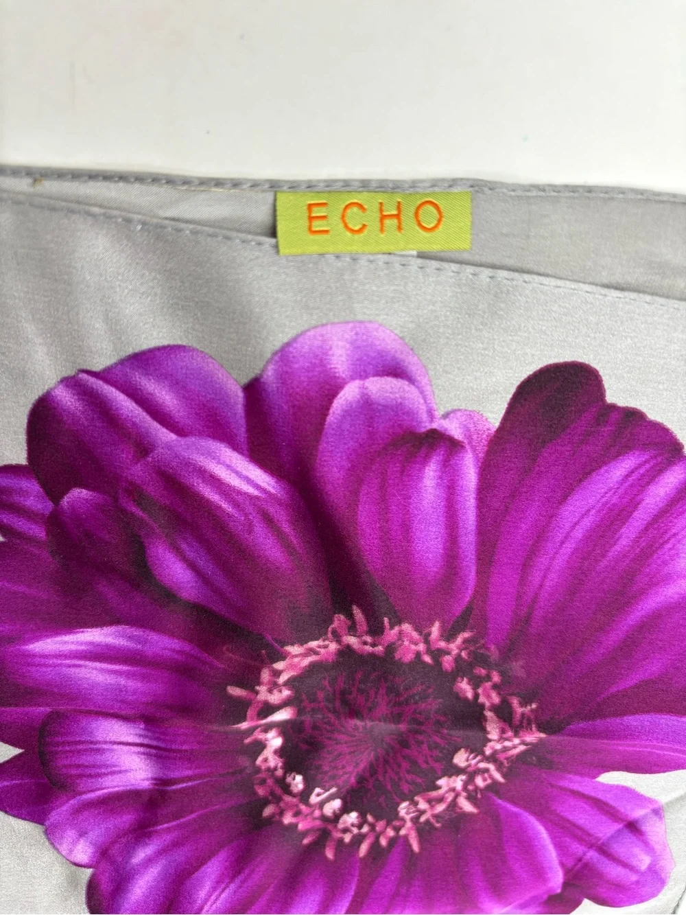 Vintage Echo Silk Scarf Silver Grey w Magenta, Teal & Purple‎ Floral Accents